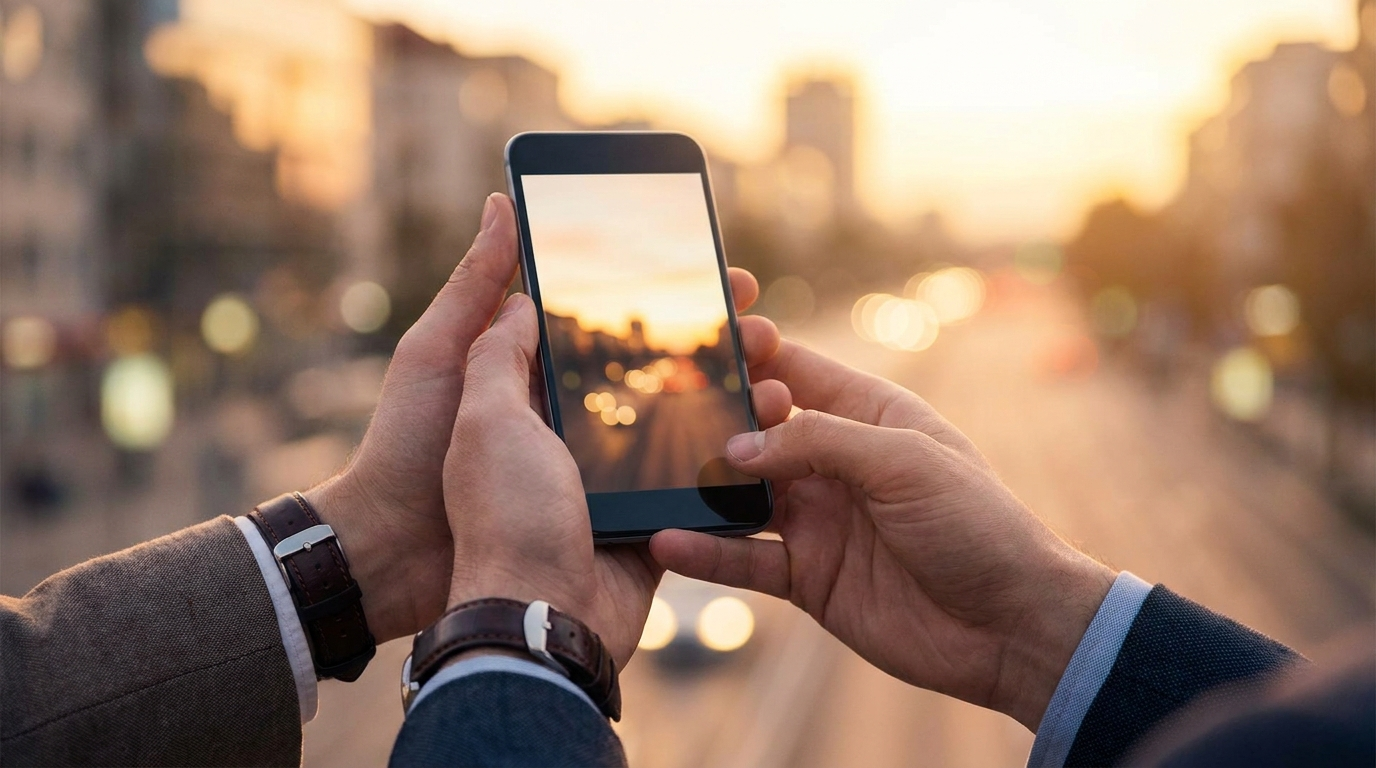 Professional mobile photography with smartphone capturing city skyline