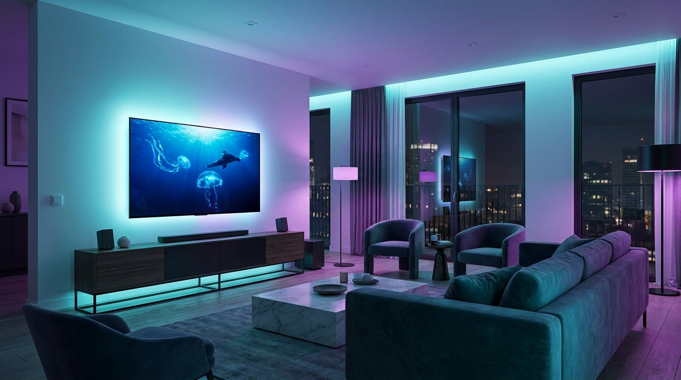 Premium smart TV home entertainment setup with ambient lighting